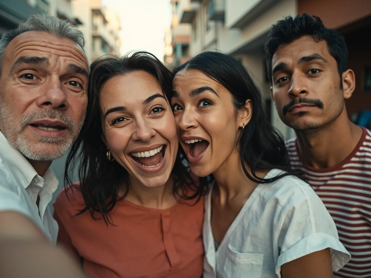 Computer-generated image: four friends laughing together in a group photo on a quest day out