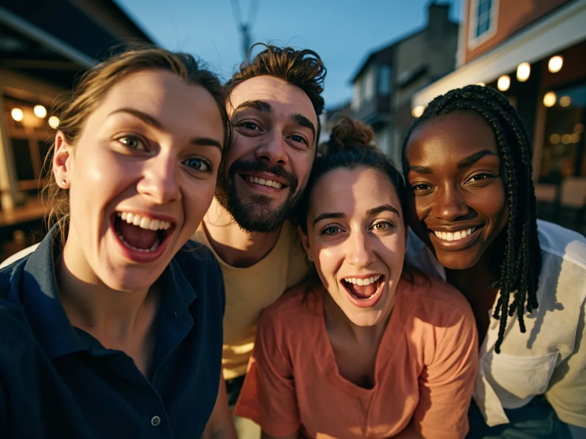 Computer-generated image: four friends laughing together in a group photo on a quest day out