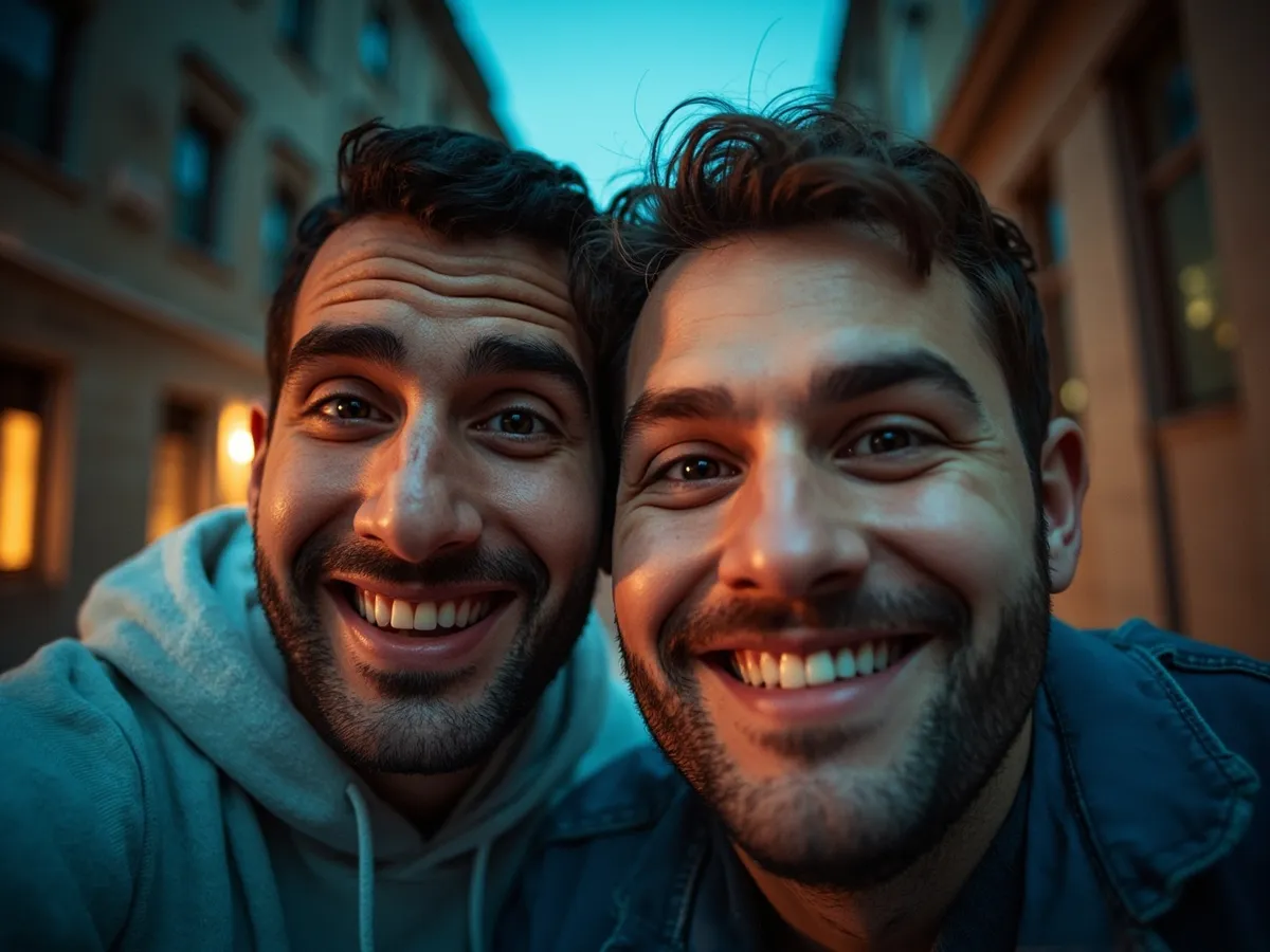 Computer-generated image: two friends laughing together in a group photo on a quest day out