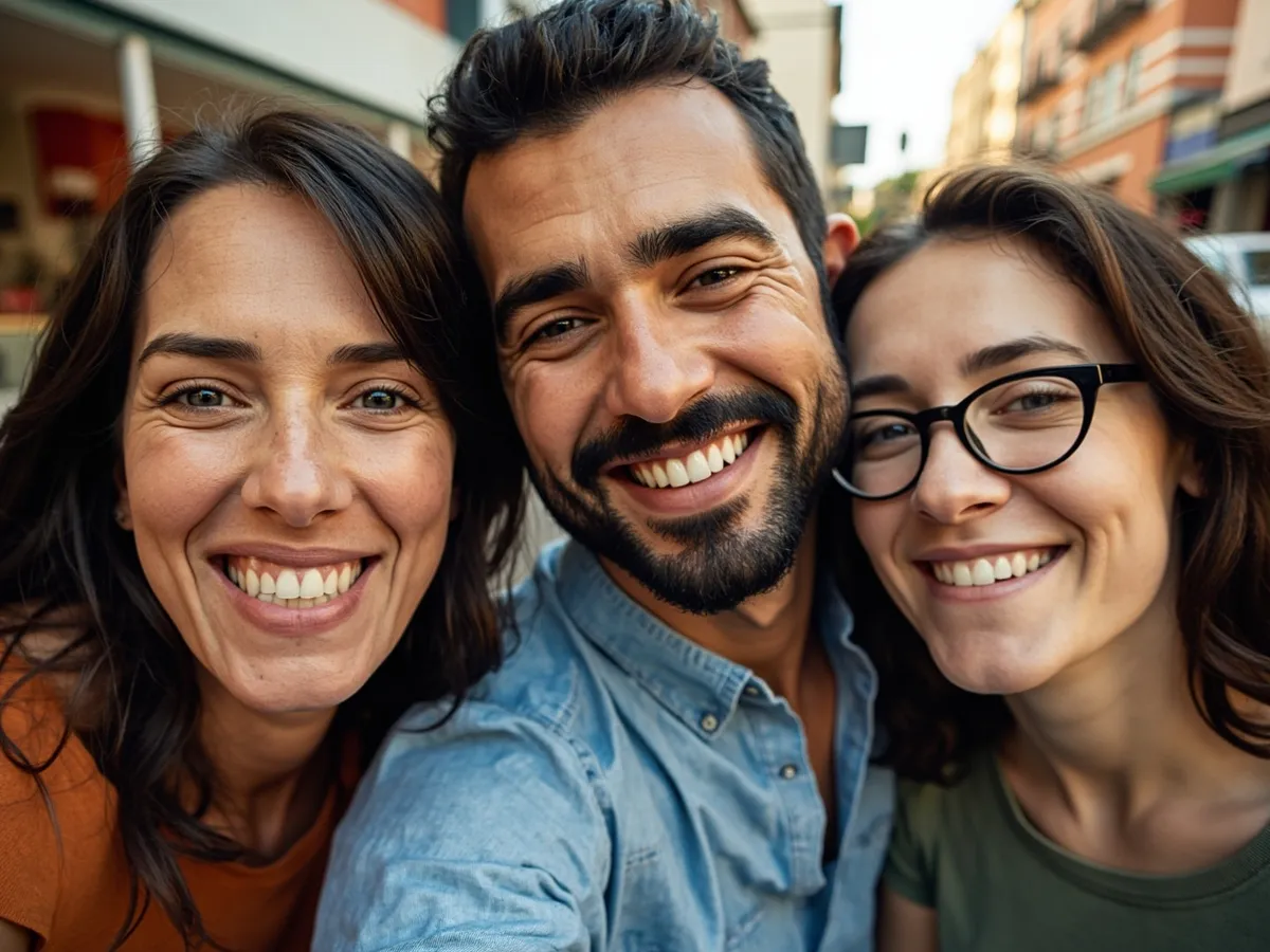 Computer-generated image: three friends laughing together in a group photo on a quest day out