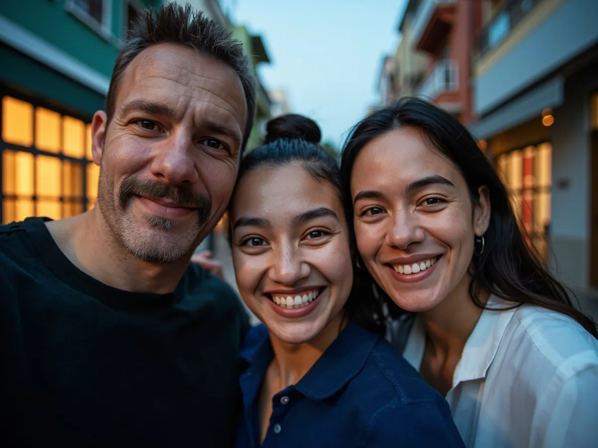 Computer-generated image: three friends laughing together in a group photo on a quest day out