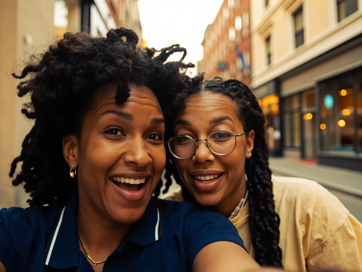 Computer-generated image: two friends laughing together in a group photo on a quest day out
