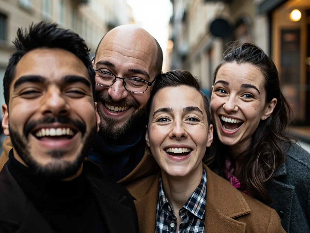 Computer-generated image: four friends laughing together in a group photo on a quest day out