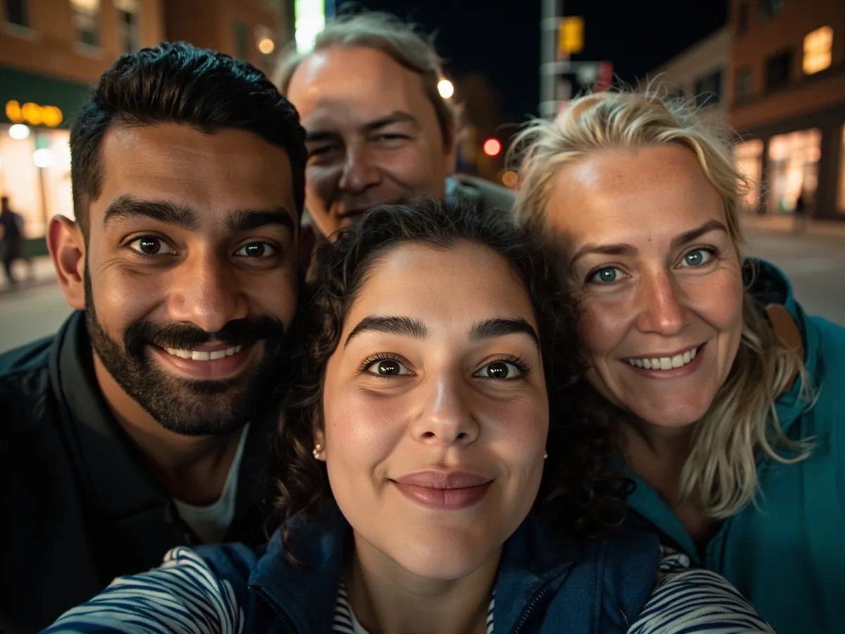 Computer-generated image: four friends laughing together in a group photo on a quest day out