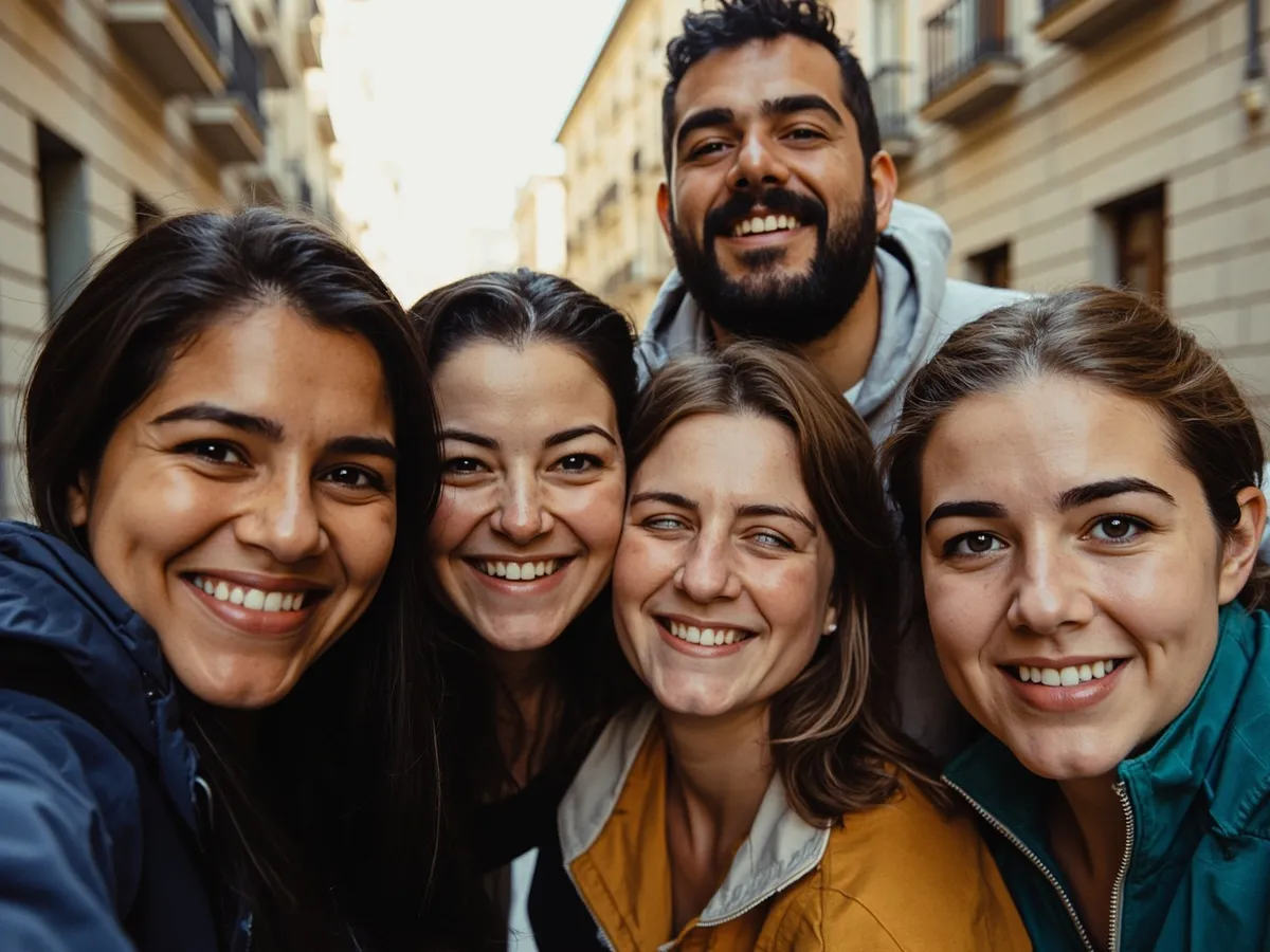 Computer-generated image: four friends laughing together in a group photo on a quest day out