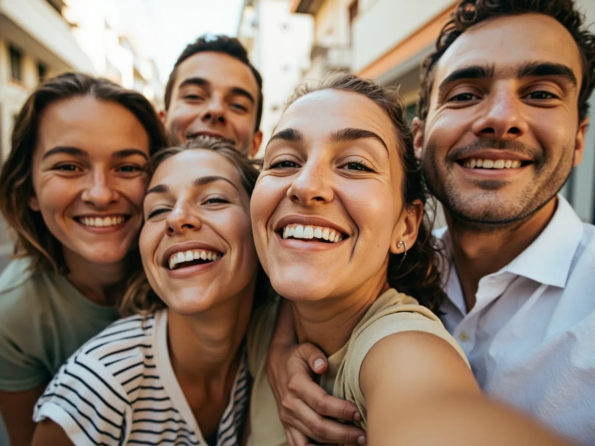 Computer-generated image: four friends laughing together in a group photo on a quest day out