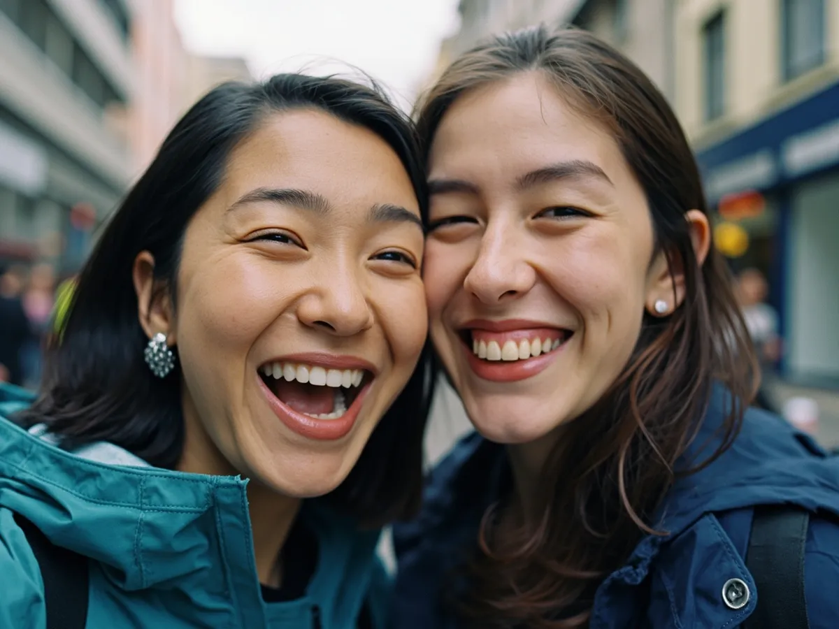 Computer-generated image: two friends laughing together in a group photo on a quest day out