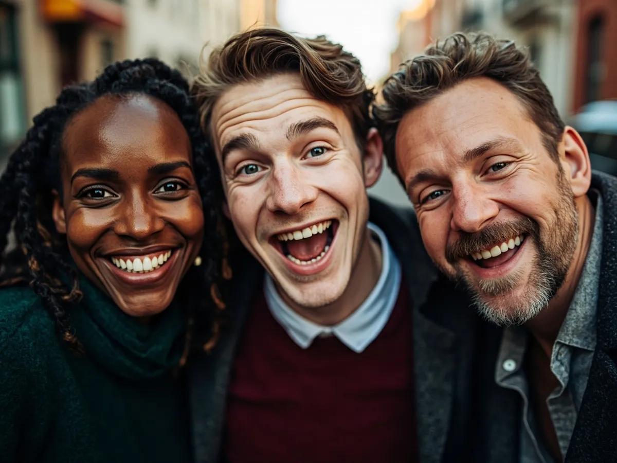 Computer-generated image: three friends laughing together in a group photo on a quest day out