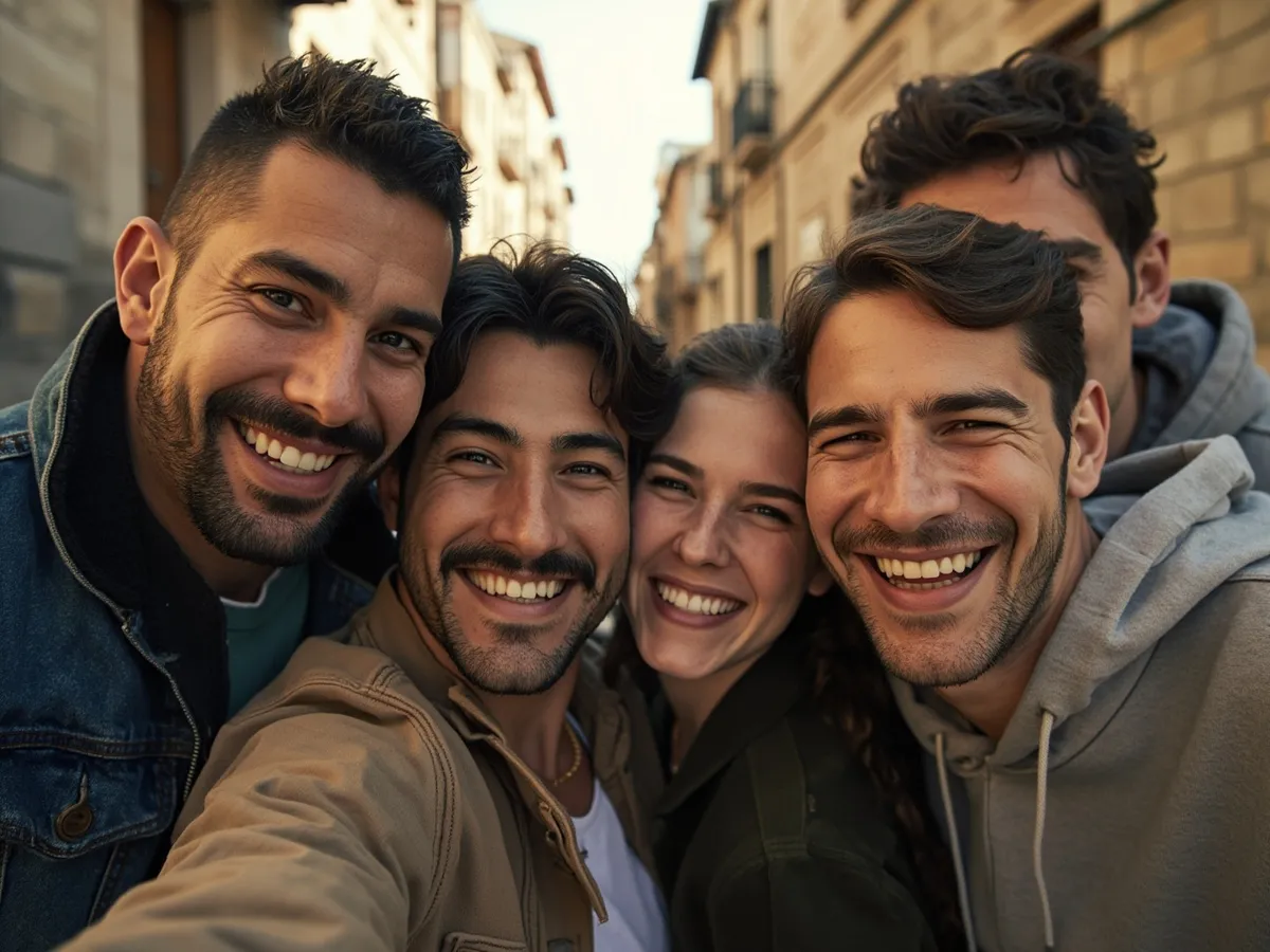 Computer-generated image: four friends laughing together in a group photo on a quest day out