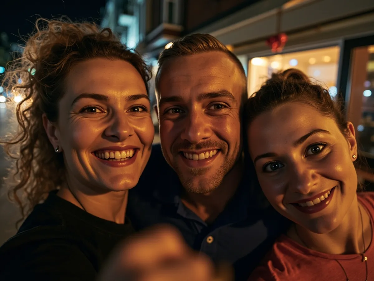 Computer-generated image: three friends laughing together in a group photo on a quest day out