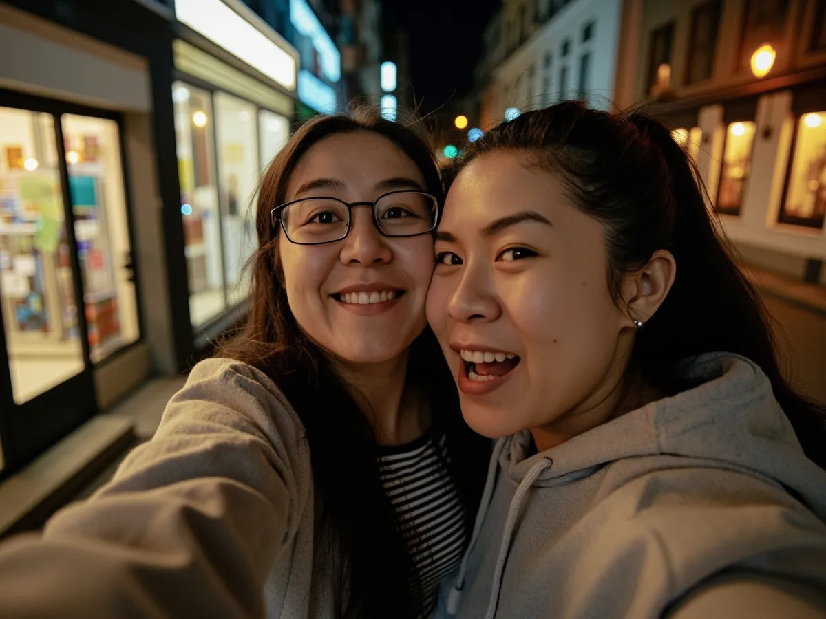 Computer-generated image: two friends laughing together in a group photo on a quest day out