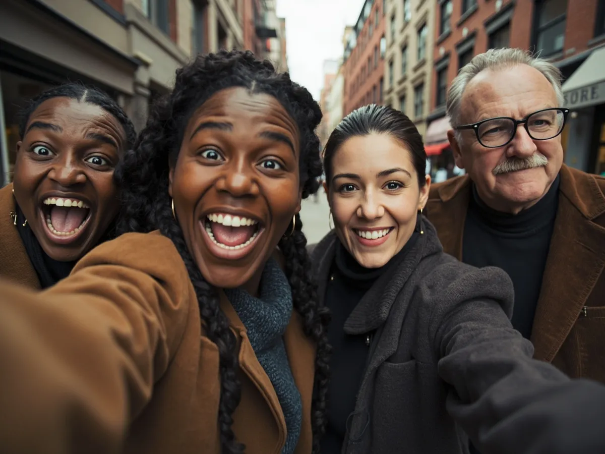Computer-generated image: four friends laughing together in a group photo on a quest day out
