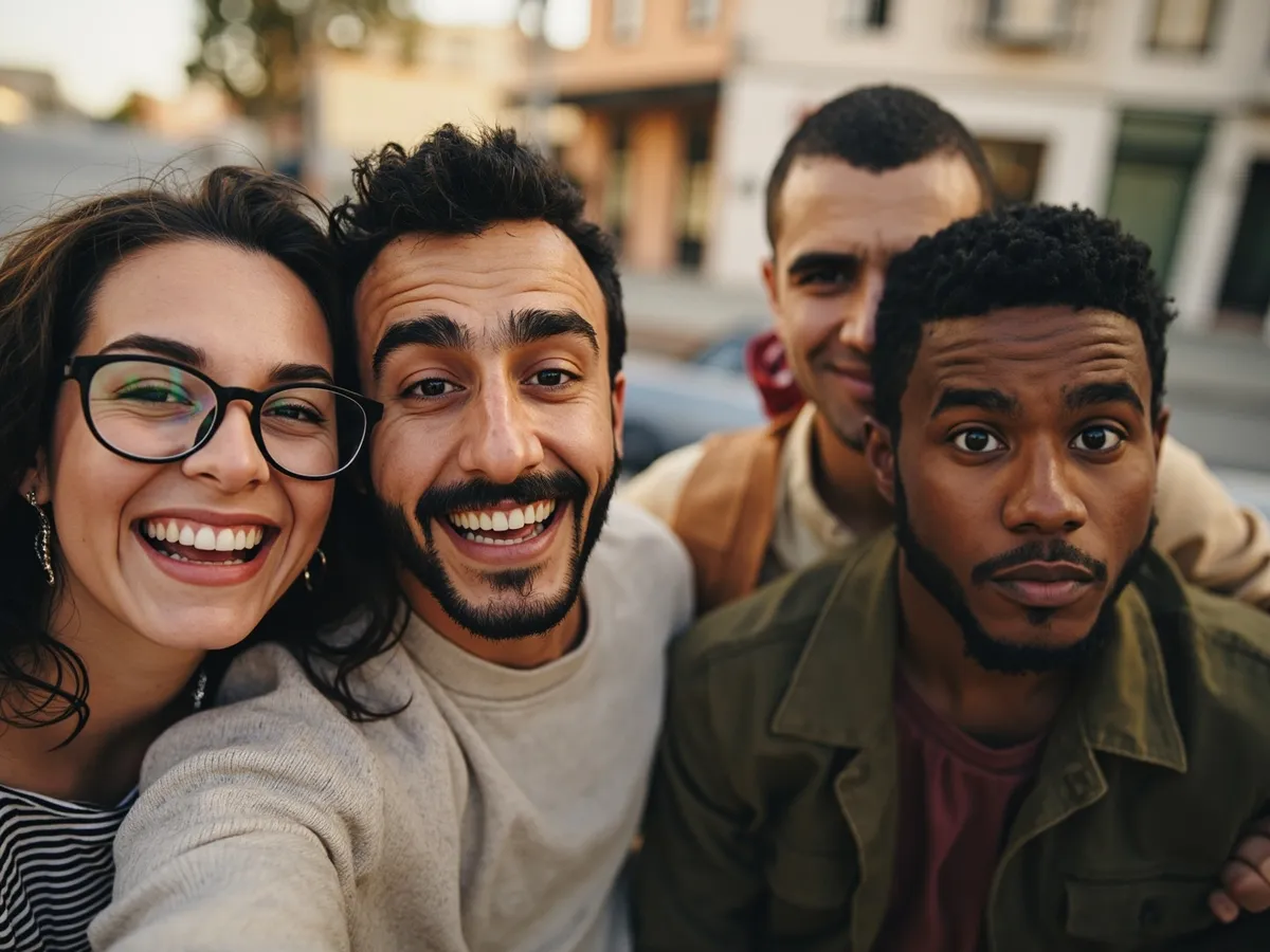 Computer-generated image: four friends laughing together in a group photo on a quest day out