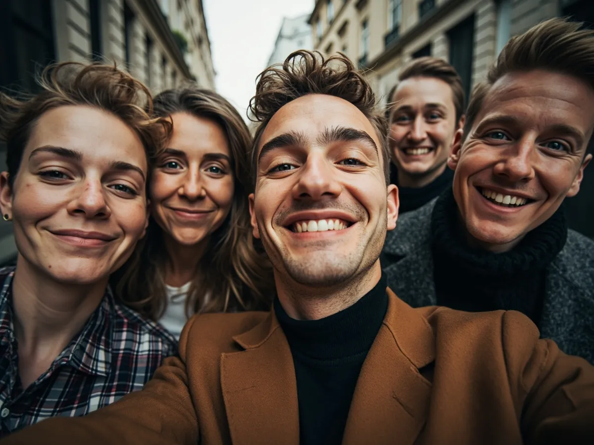 Computer-generated image: four friends laughing together in a group photo on a quest day out