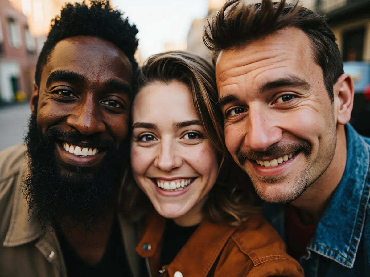 Computer-generated image: three friends laughing together in a group photo on a quest day out
