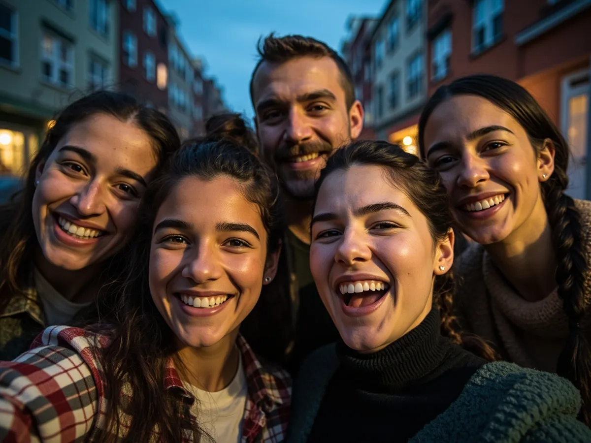 Computer-generated image: four friends laughing together in a group photo on a quest day out