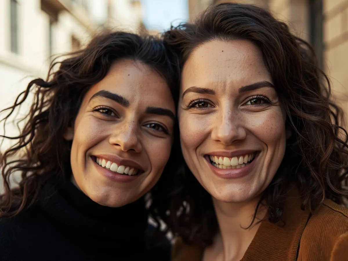 Computer-generated image: two friends laughing together in a group photo on a quest day out