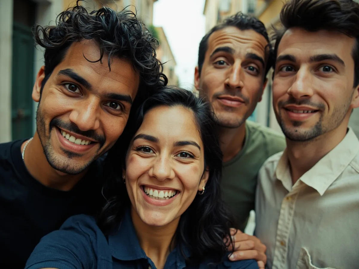 Computer-generated image: four friends laughing together in a group photo on a quest day out