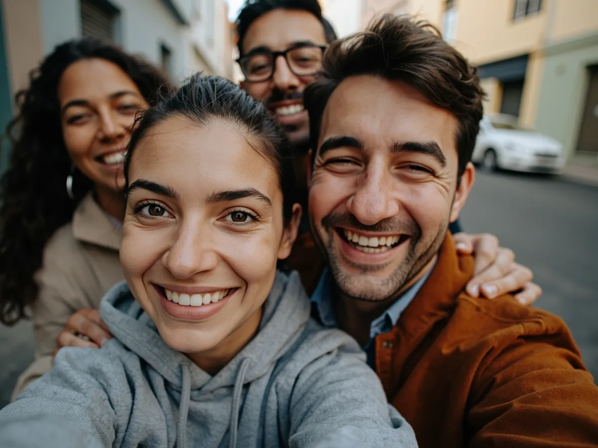 Computer-generated image: four friends laughing together in a group photo on a quest day out