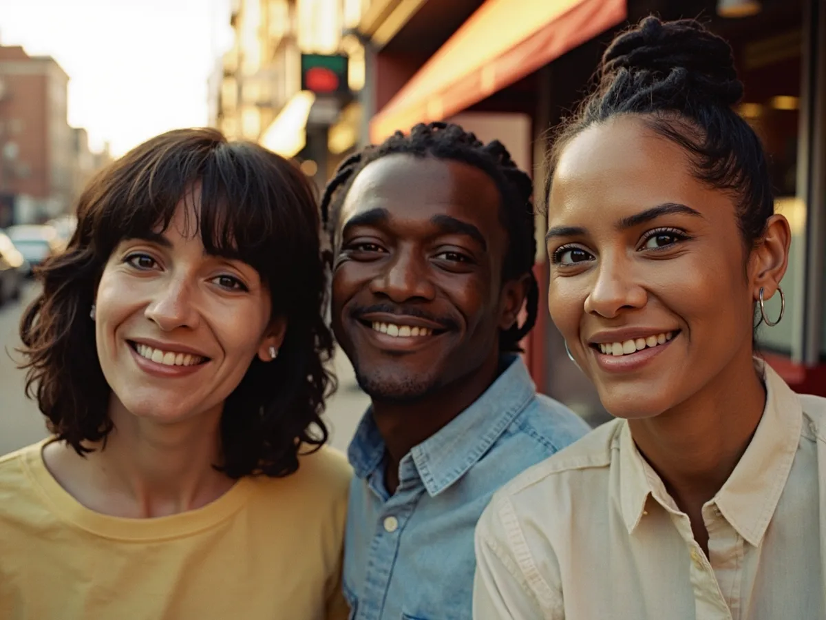 Computer-generated image: three friends laughing together in a group photo on a quest day out