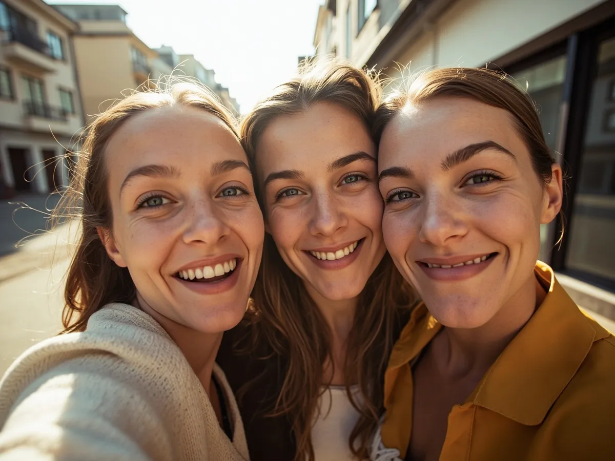 Computer-generated image: three friends laughing together in a group photo on a quest day out