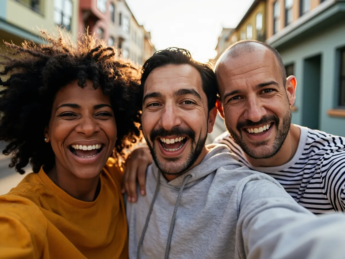 Computer-generated image: three friends laughing together in a group photo on a quest day out