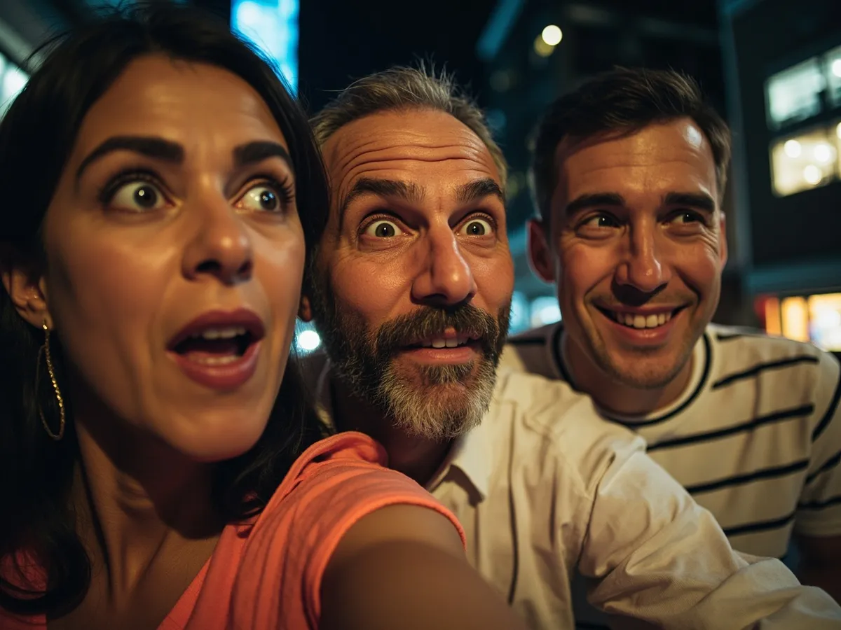 Computer-generated image: three friends laughing together in a group photo on a quest day out