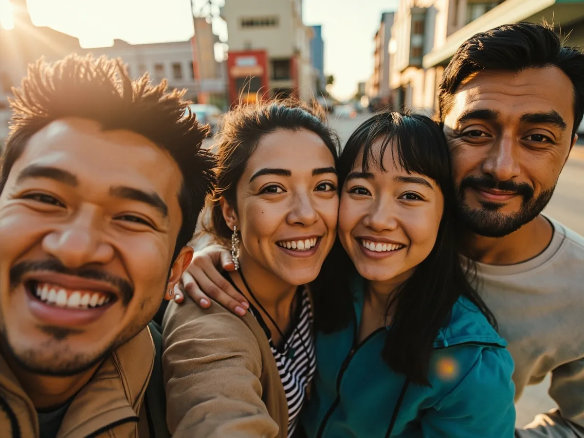 Computer-generated image: four friends laughing together in a group photo on a quest day out