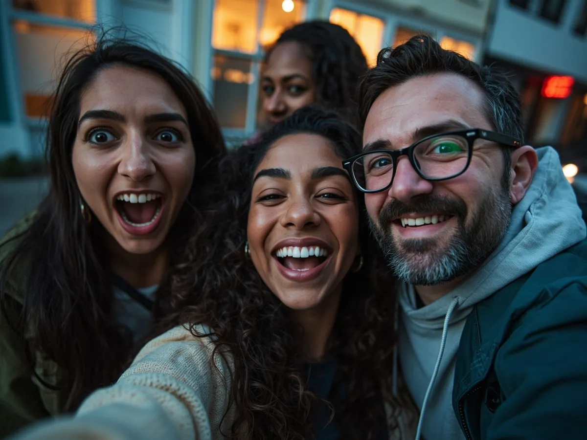 Computer-generated image: four friends laughing together in a group photo on a quest day out