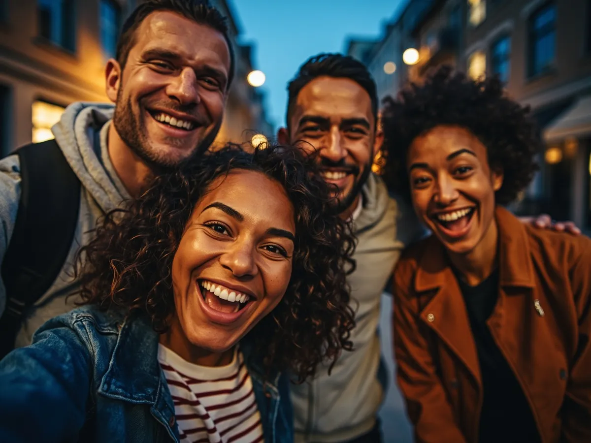 Computer-generated image: four friends laughing together in a group photo on a quest day out