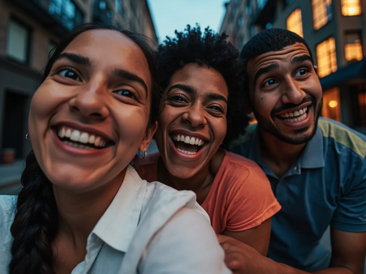 Computer-generated image: four friends laughing together in a group photo on a quest day out