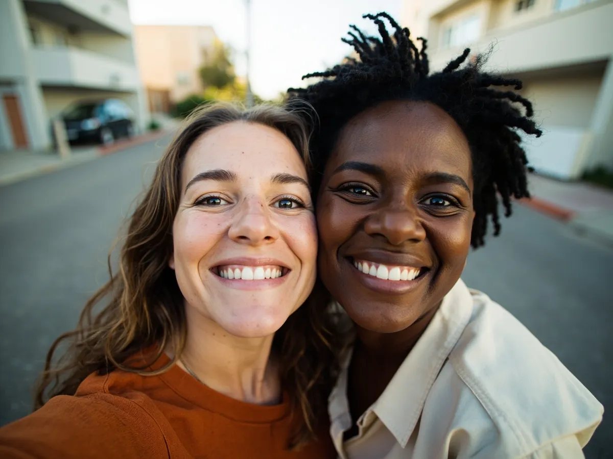 Computer-generated image: two friends laughing together in a group photo on a quest day out