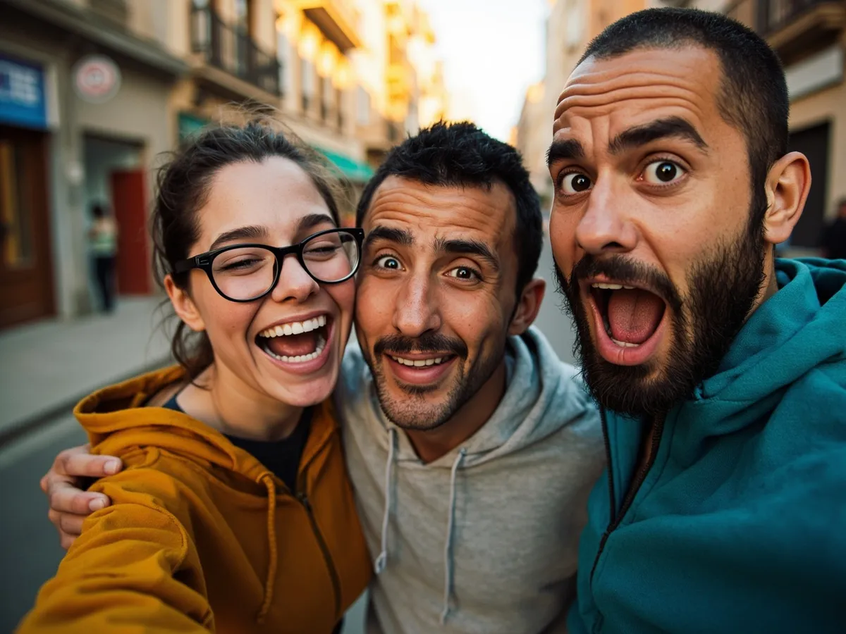 Computer-generated image: three friends laughing together in a group photo on a quest day out