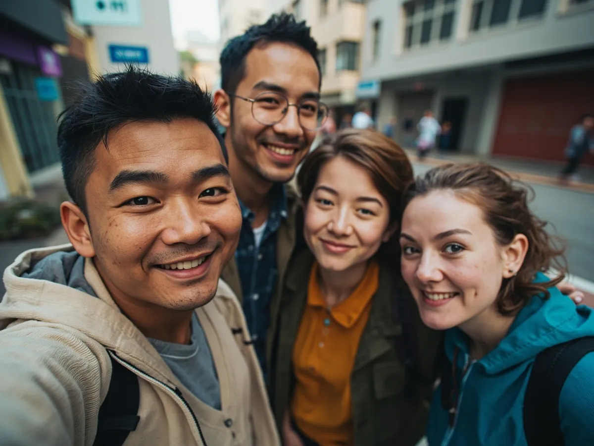 Computer-generated image: four friends laughing together in a group photo on a quest day out