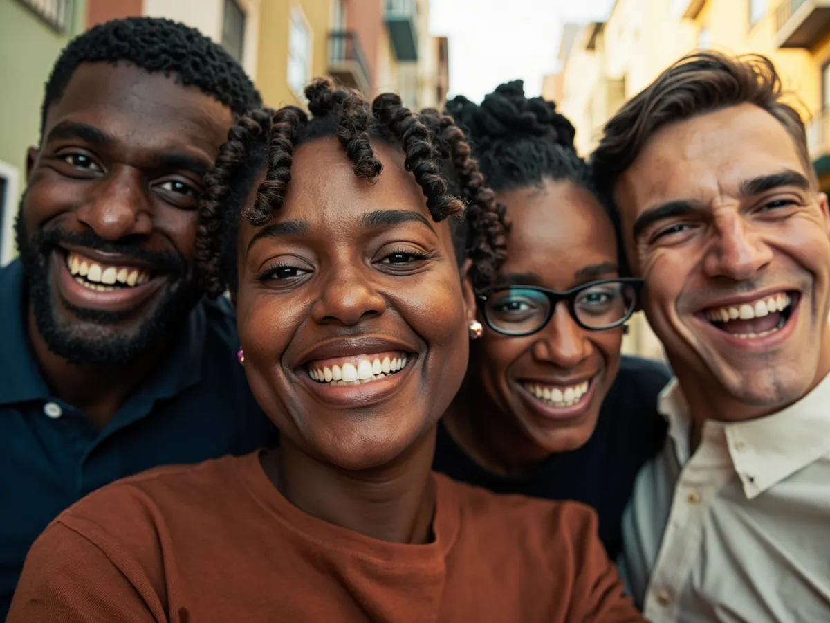 Computer-generated image: four friends laughing together in a group photo on a quest day out