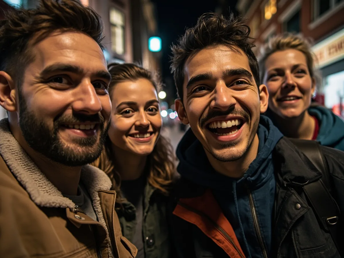 Computer-generated image: four friends laughing together in a group photo on a quest day out
