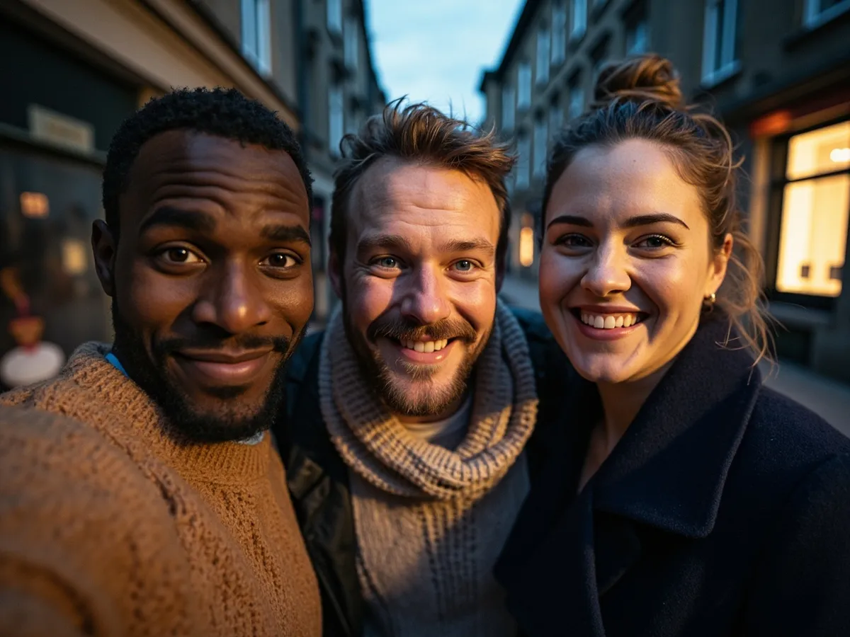 Computer-generated image: three friends laughing together in a group photo on a quest day out