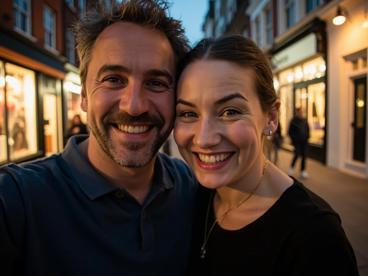 Computer-generated image: two friends laughing together in a group photo on a quest day out