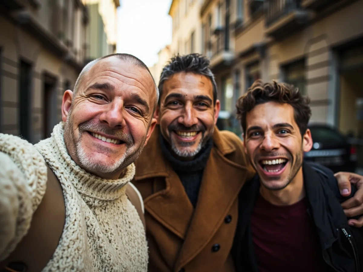 Computer-generated image: three friends laughing together in a group photo on a quest day out