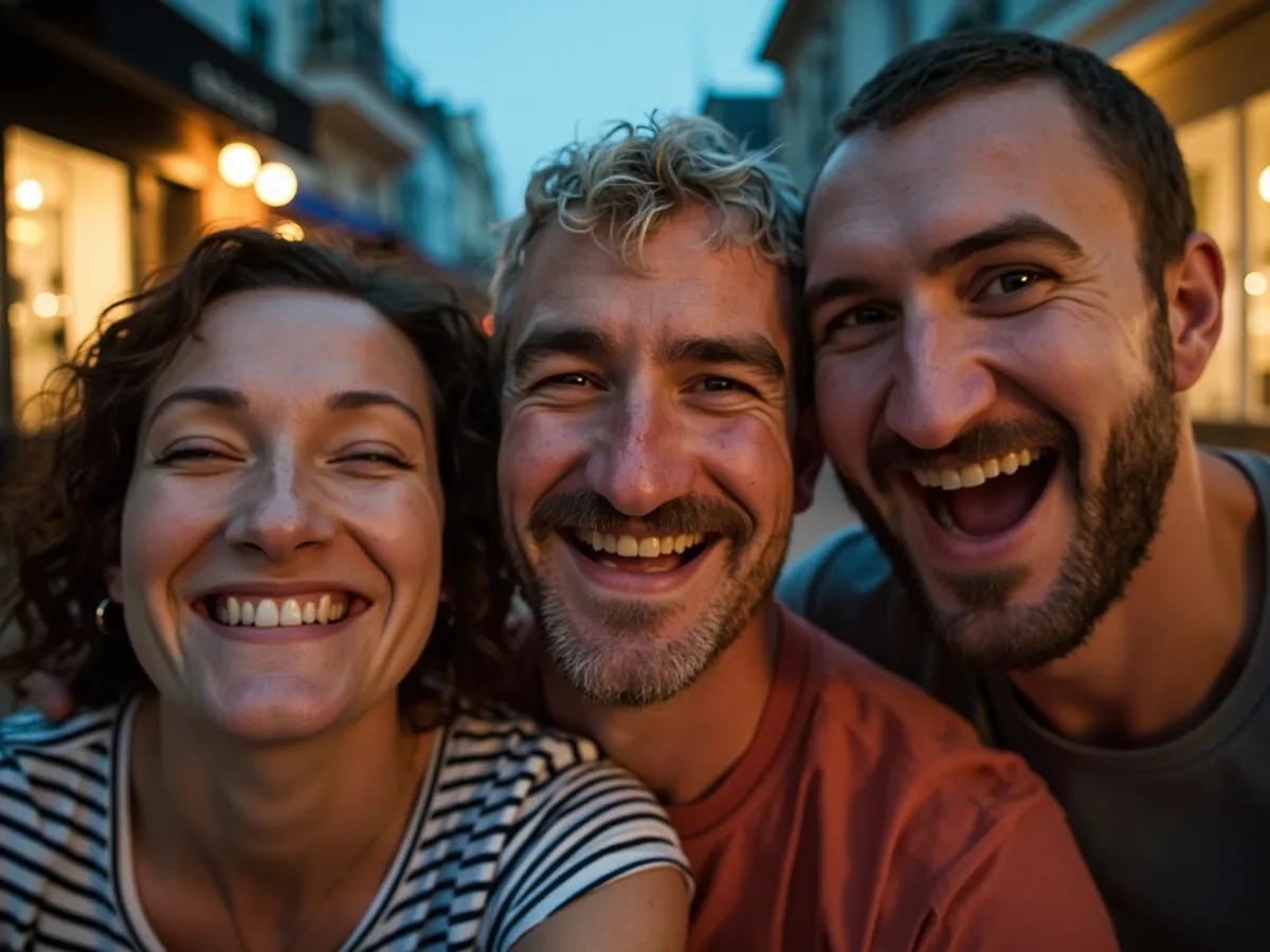 Computer-generated image: three friends laughing together in a group photo on a quest day out