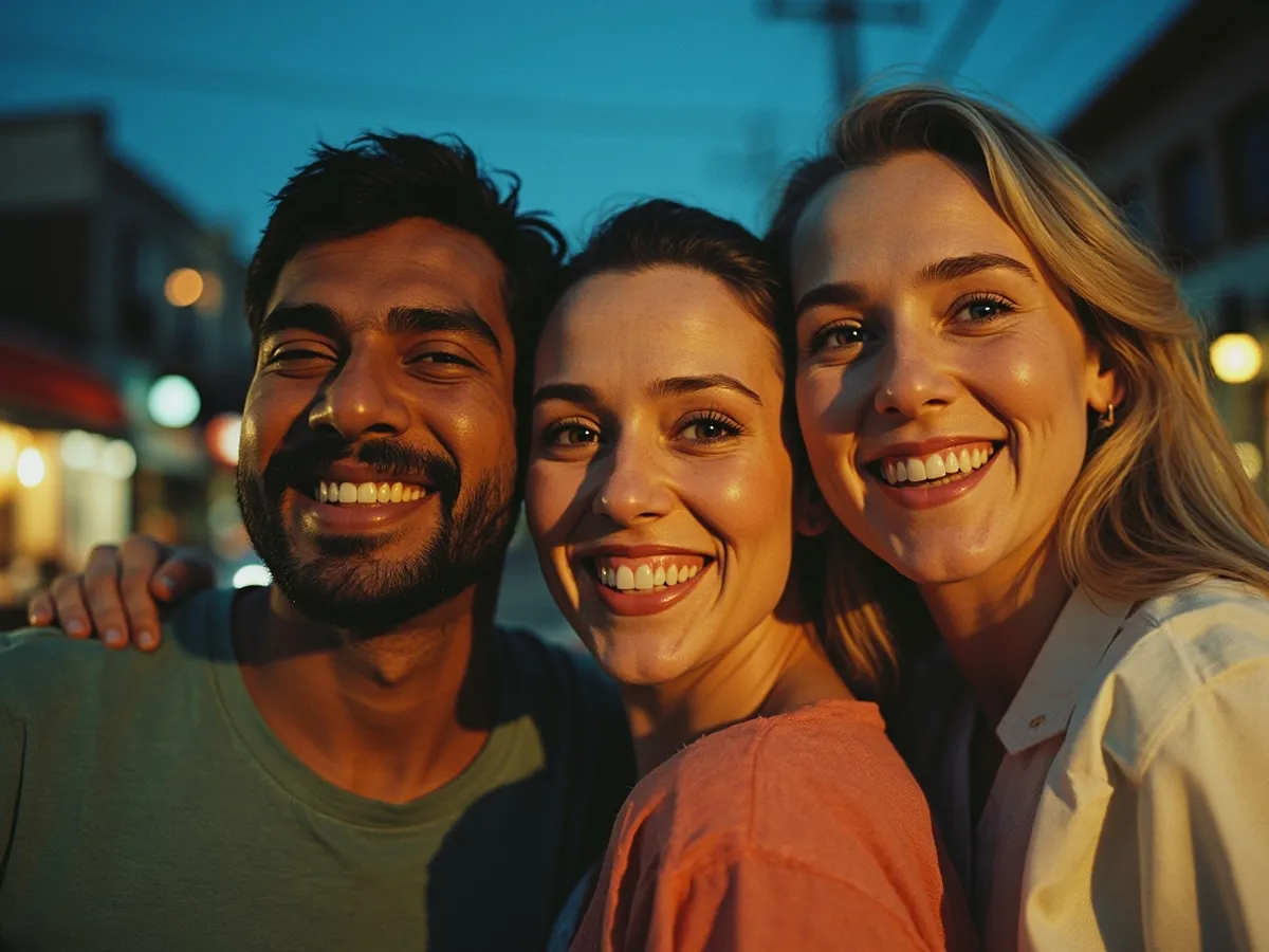 Computer-generated image: three friends laughing together in a group photo on a quest day out