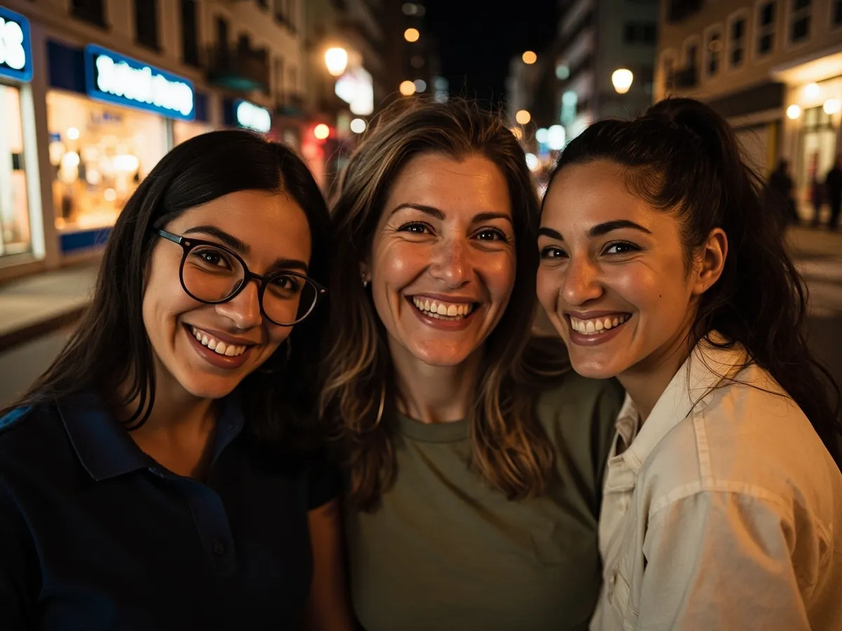 Computer-generated image: three friends laughing together in a group photo on a quest day out