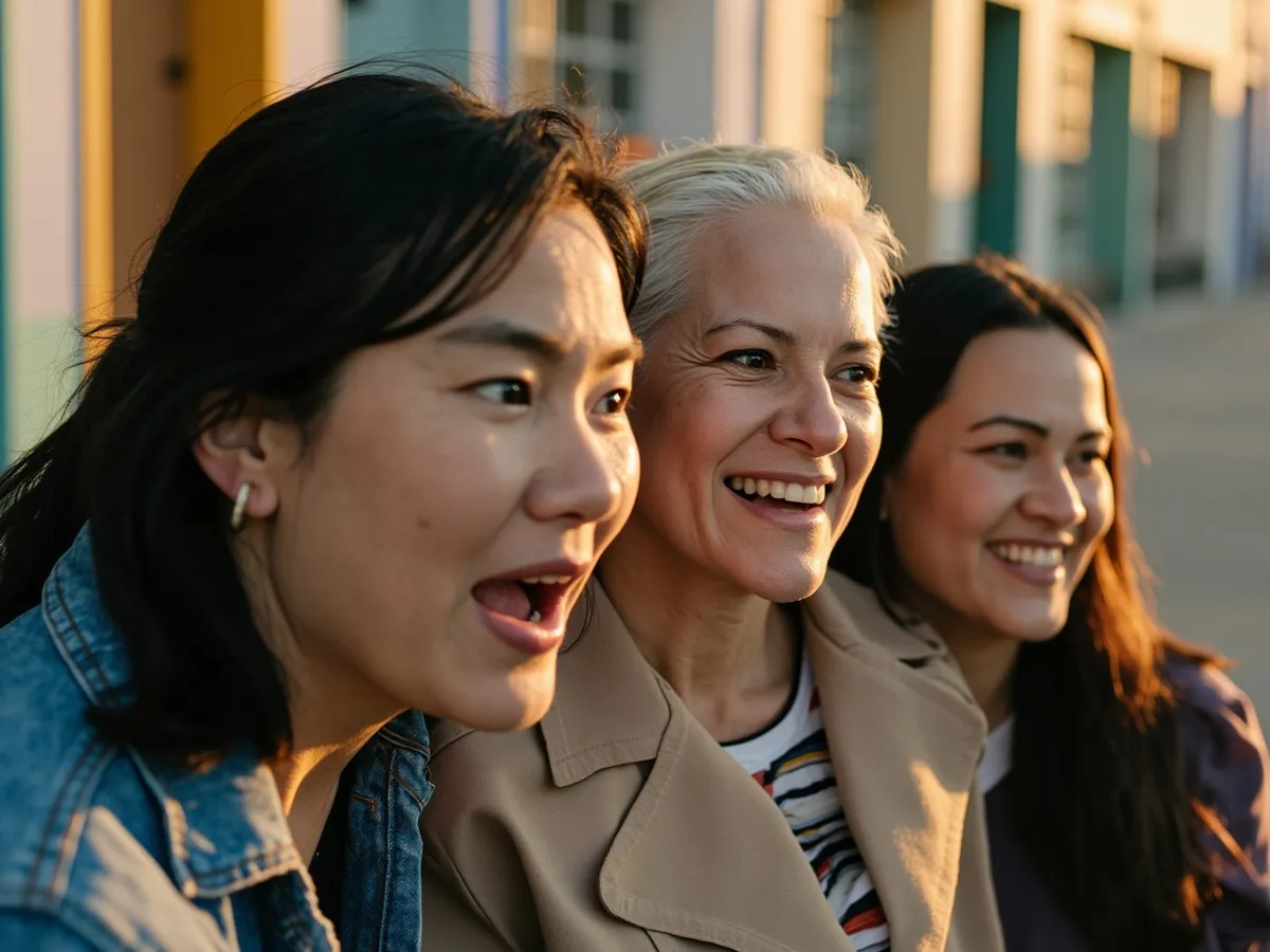 Computer-generated image: three friends laughing together in a group photo on a quest day out