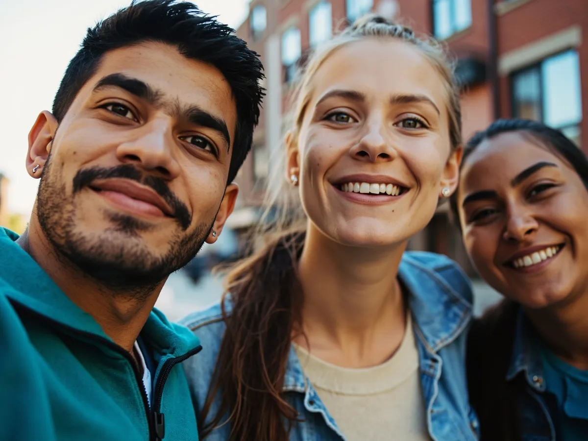Computer-generated image: three friends laughing together in a group photo on a quest day out