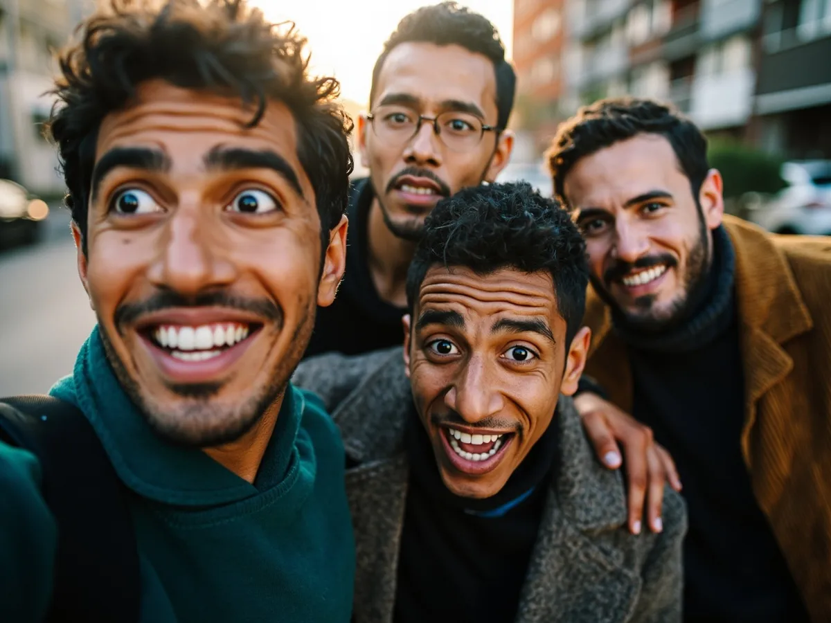 Computer-generated image: four friends laughing together in a group photo on a quest day out