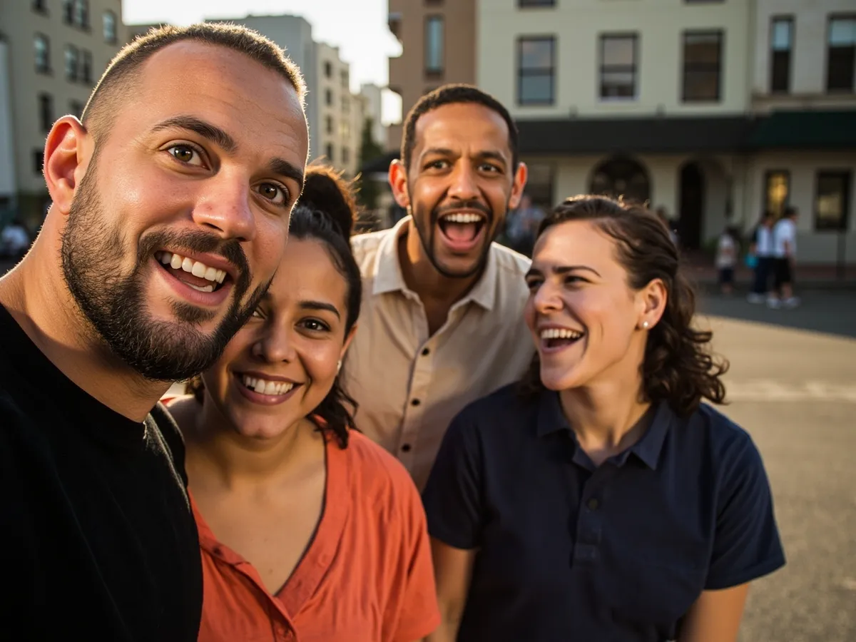 Computer-generated image: four friends laughing together in a group photo on a quest day out