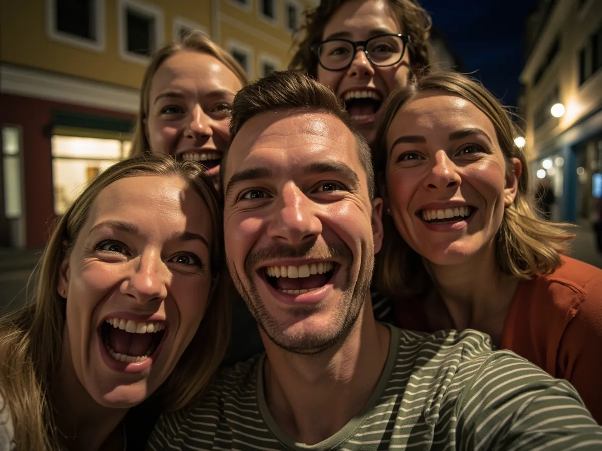 Computer-generated image: four friends laughing together in a group photo on a quest day out