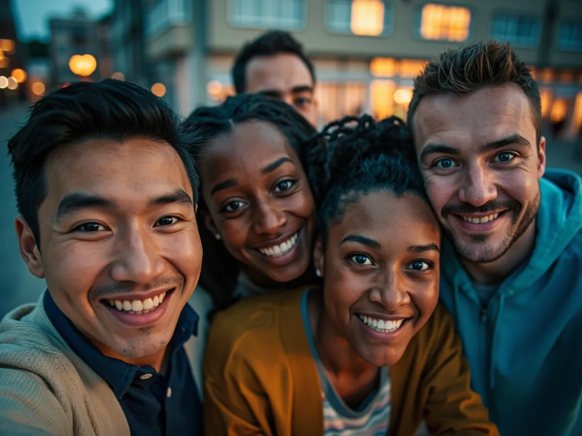 Computer-generated image: four friends laughing together in a group photo on a quest day out
