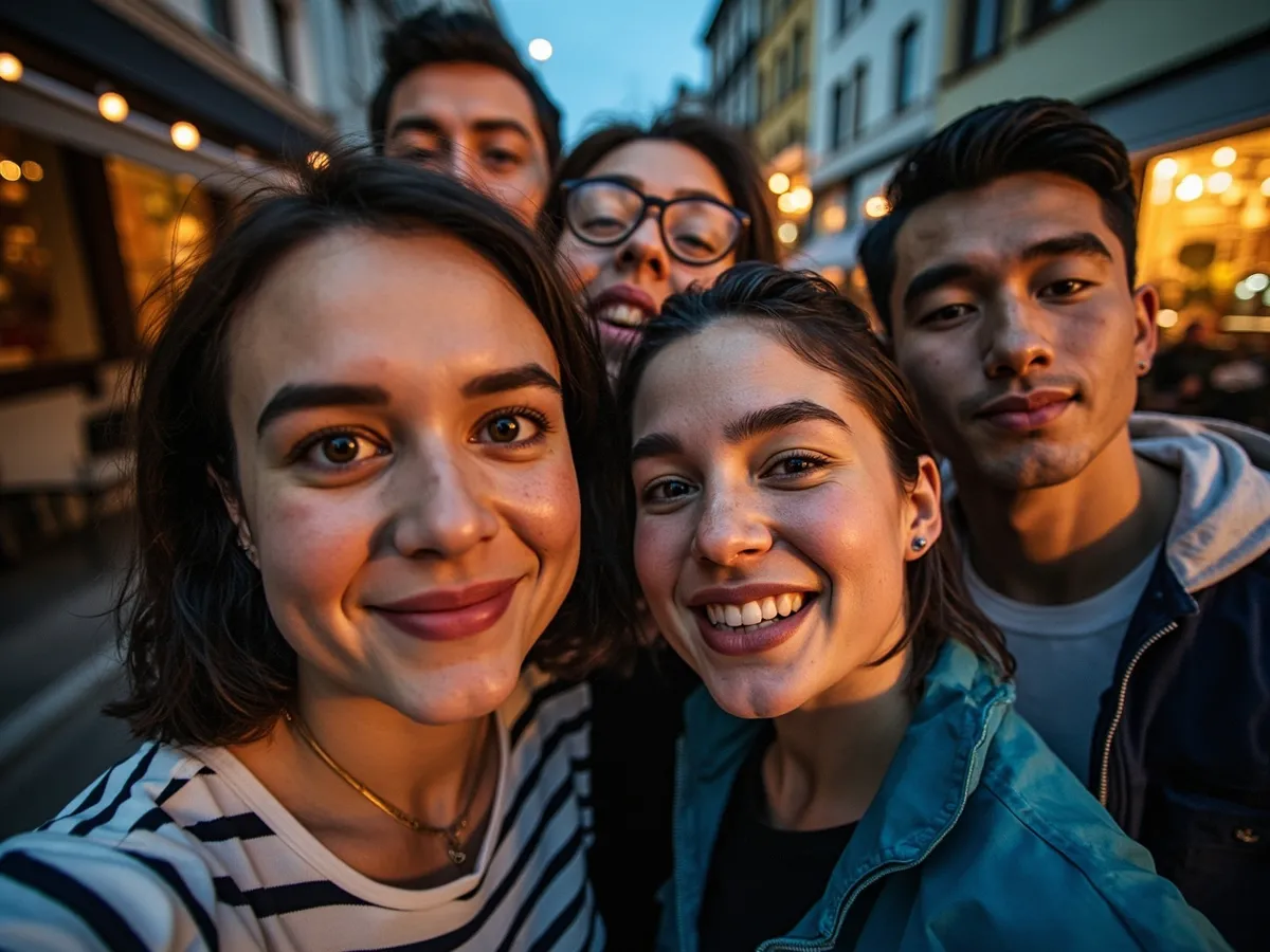 Computer-generated image: four friends laughing together in a group photo on a quest day out