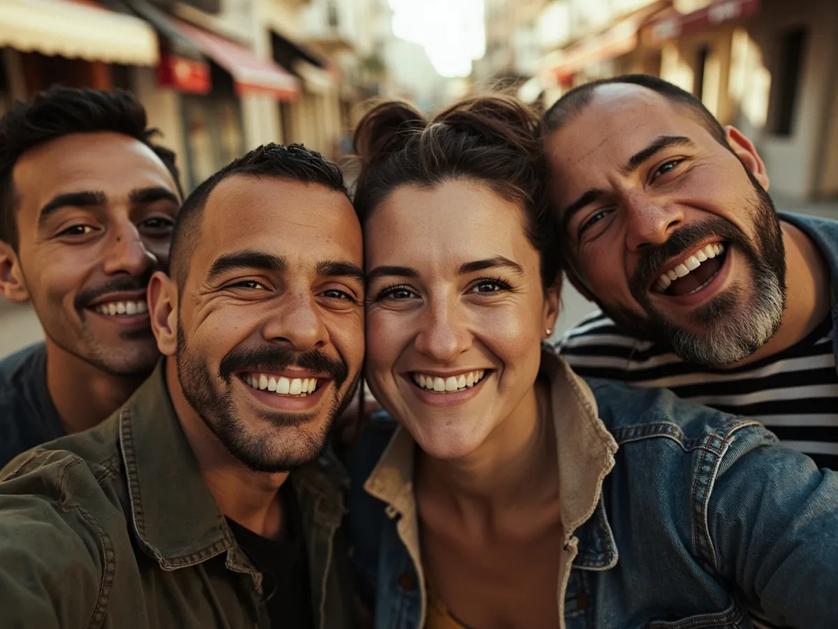 Computer-generated image: four friends laughing together in a group photo on a quest day out